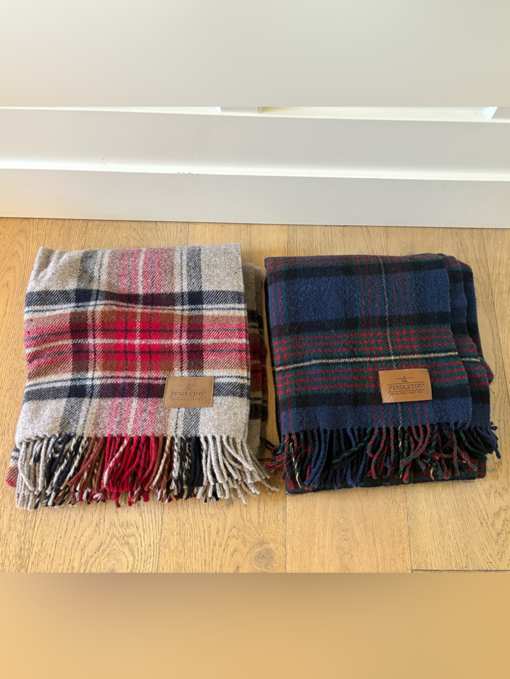 2 Pendleton Plaid Wool Throw in Red, Tan, Black & Cream and blue